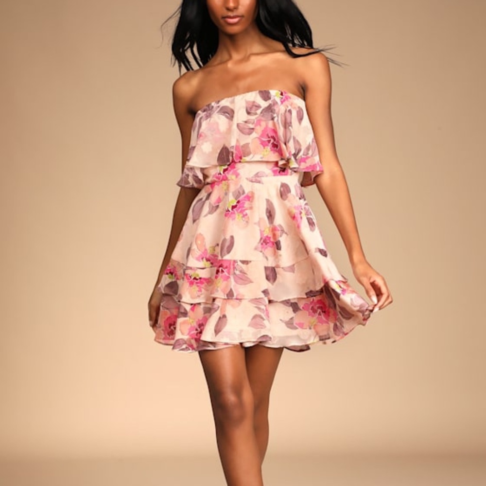 Lulus Perfect Paradise Pink Floral Print Jacquard Strapless Mini Dress - Size L